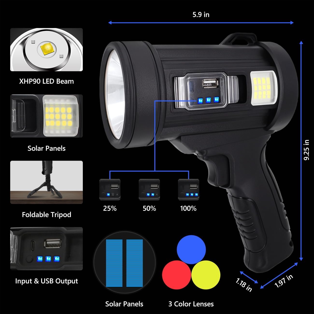 Spotlight 100000 Lumens, 6 Modes Led Rechargeable Spotlight Flashlight As Seen on TV with Tripod, Color Filters, Super Bright Solar Spot Lights Outdoor Handheld for Hunting, Boating, Camping