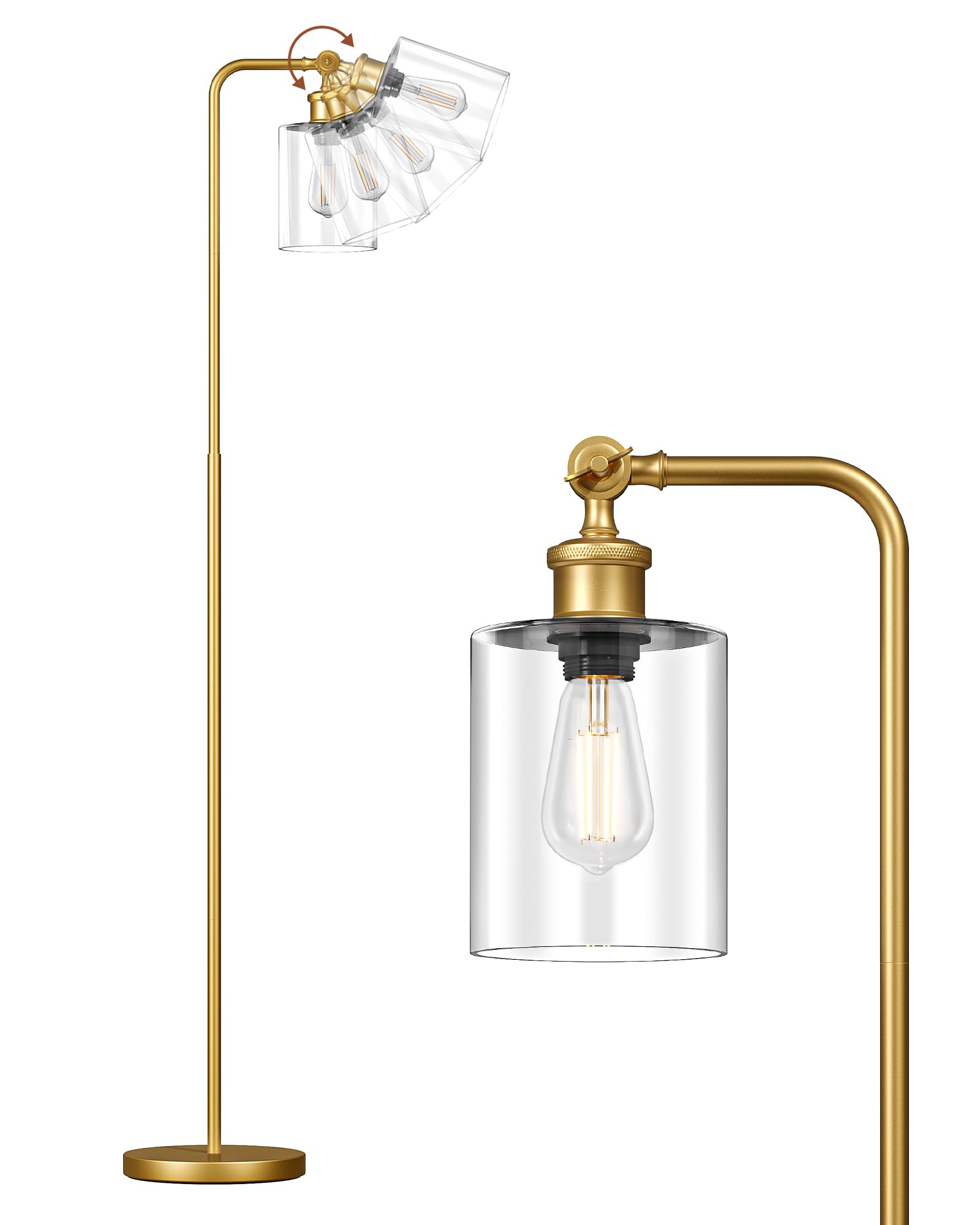 EDISHINE Lámpara de Pie Industrial, Moderna Lámpara de Pie Salón Regulable, ajustable Pantalla de Cristal, Bombilla incluida, Casquillo E27, Interruptor de pie, para dormitorio, lectura, oficina
