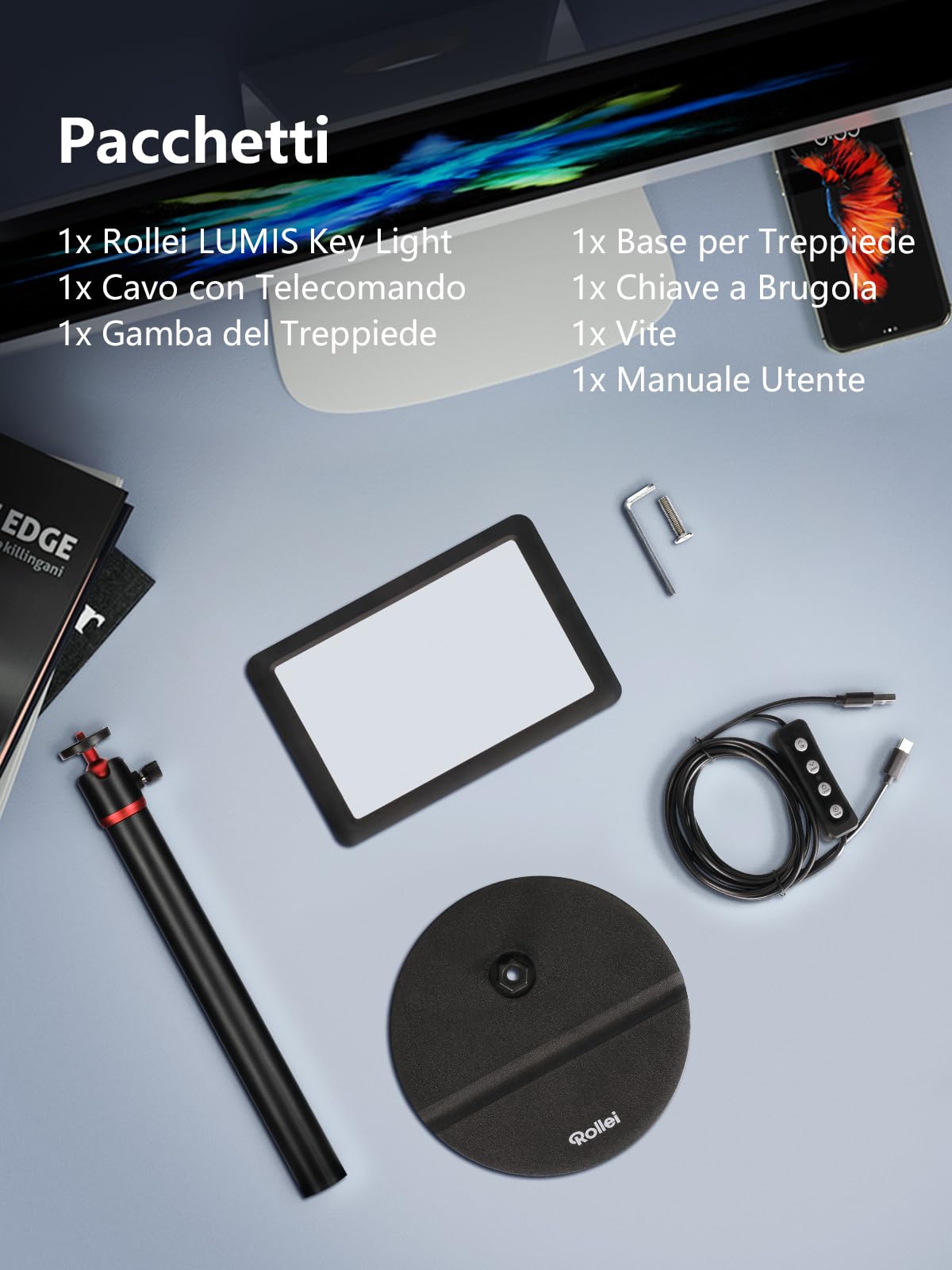 Rollei Lumis Key Light Scrivania, Faretto Streaming CRI 95+ Lampada per Video PC con Treppiede 28~78cm, Pannello Illuminatore LED Fotografia per Videomaker Podcast Youtuber Videoconferenza Webcam