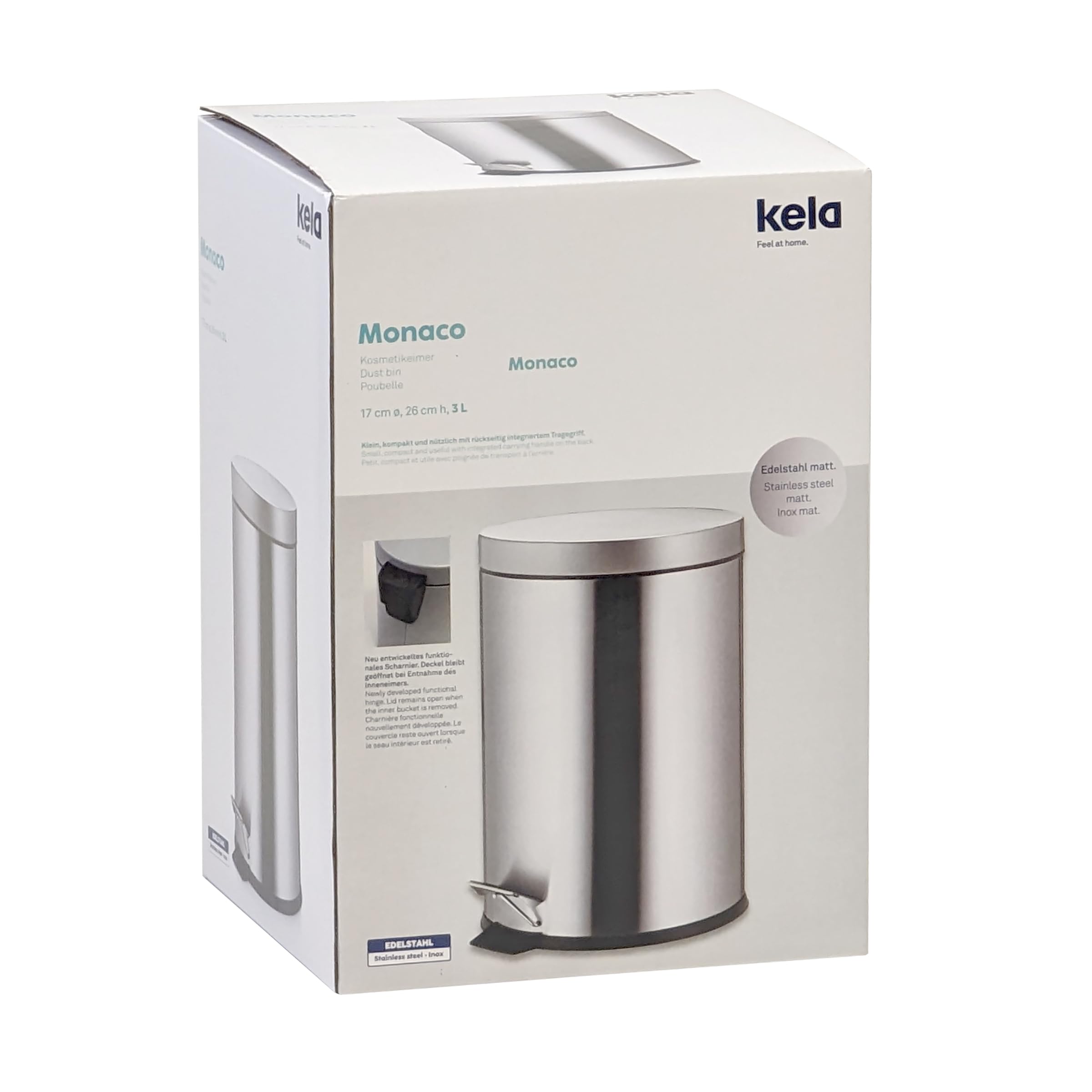 kela Cubo para cosméticos 3 l, cubo de basura con pedal MONACO, cubo de basura de acero inoxidable para baño con cubo interior y asa de transporte, mate
