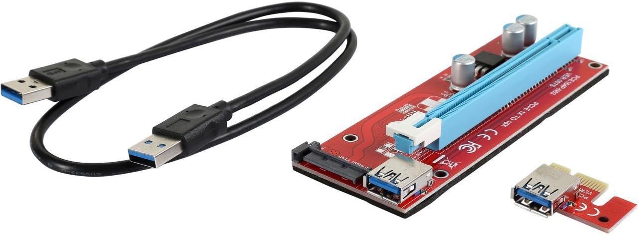 Riser 1X216X SATA USB3.0 PCI-E PCI Express 1X to 16X Riser Cable Card Adapter With SATA 15pin Power Slot, USB 3.0 Cable Dedicated for BTC Bitcoin, LTC, ETH - Red