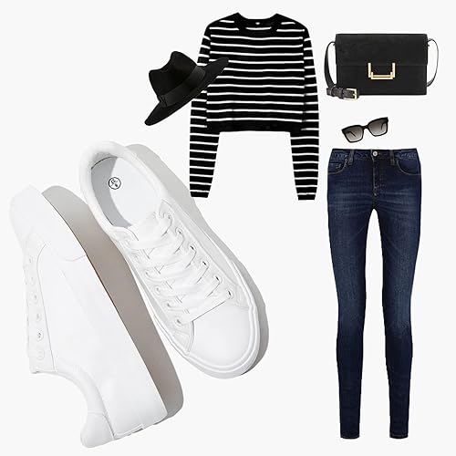 Miniatura 4 de SERNIAL Zapatos de tenis blancos para mujer, zapatillas de deporte de cuero PU zapatos casuales para caminar para mujer