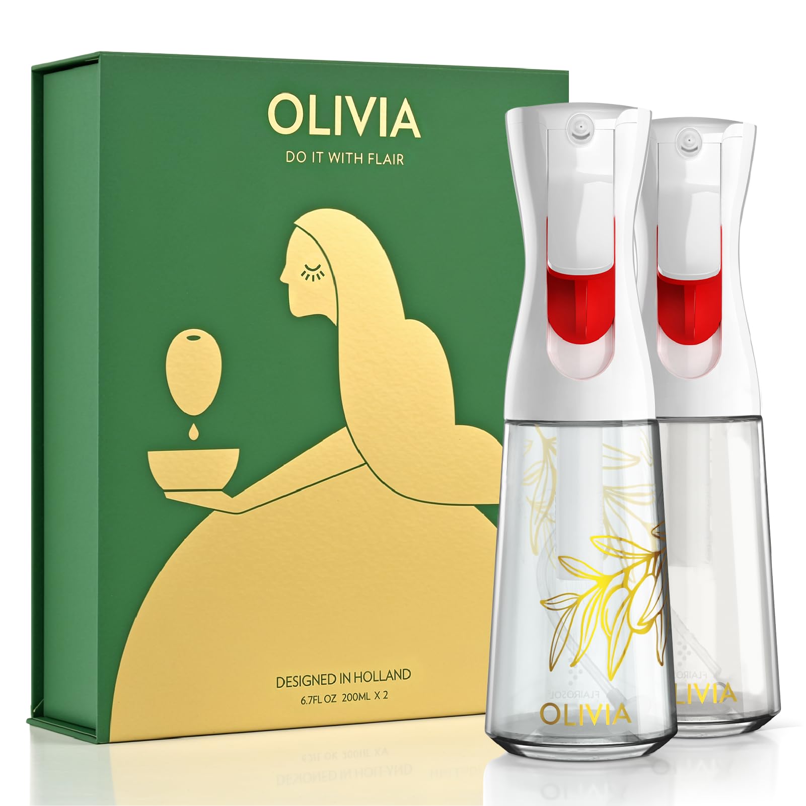 FLAIROSOL OLIVIA Oil Sprayer for Cooking, 2 Pack 200ML Glass Olive Oil Sprayer, Continuous Cooking Spray Dispenser with Portion Control for Kitchen Air Fryer, Salad, BBQ, White
