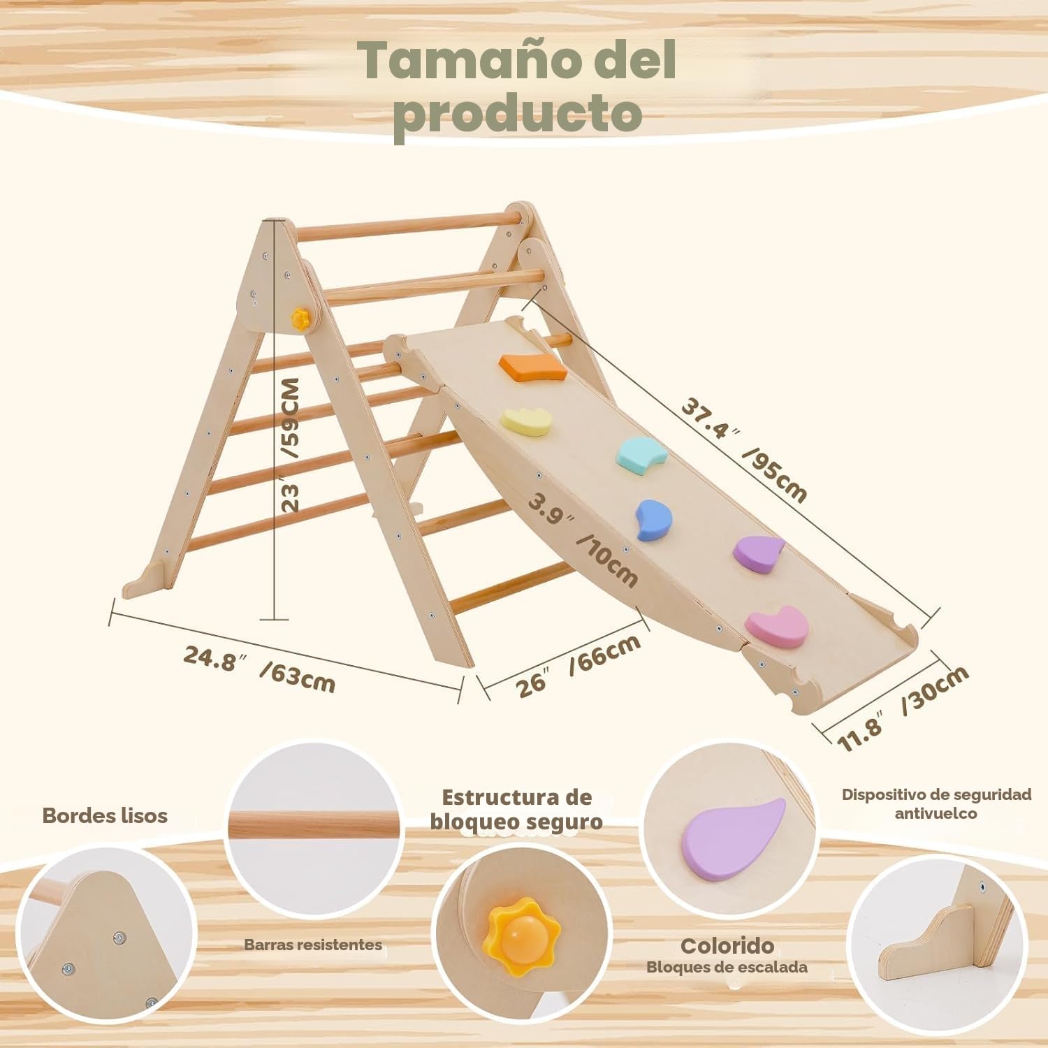 4 en 1 Triángulo de Escalada, Plegable Juego de Escalada de Madera con Tobogán, Arco de Escalada y Balancín, Estructura de Escalada Montessori para Interior y Exterior, para Guardería Casa