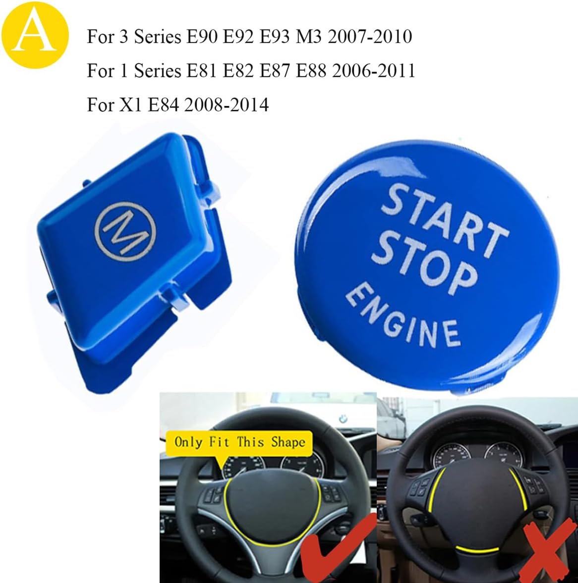 Bright Blue Car Steering Wheel Start M Button Trim Cover Replace Compatible for BMW E Series 3 Series E90 E92 E93 M3 2007-2013/for 1 Series E81 E82 E87 E88 2006-2011/for X1 E84 2008-2014