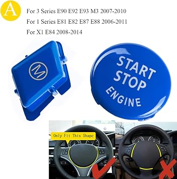 Bright Blue Car Steering Wheel Start M Button Trim Cover Replace Compatible for BMW E Series 3 Series E90 E92 E93 M3 2007-2013/for 1 Series E81 E82 E87 E88 2006-2011/for X1 E84 2008-2014