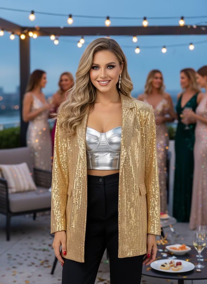 Women's Sequin Jackets Open Front Sparkly Blazer for Women Casual Party Shiny Long Sleeve Cardigan Coat