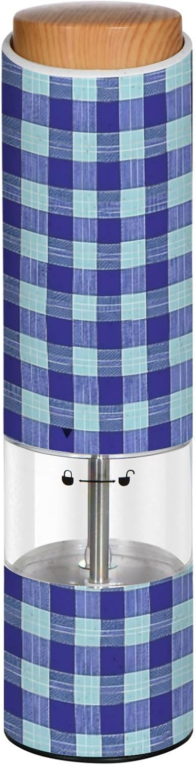 ALAZA Electric Pepper Grinder with Adjustable Coarseness, Light Dark Blue Plaid Pattern Battery Automatic Salt and Pepper Mill with Led, One-Handed Operation Spice Grinder for Kitchen, Camping & BBQ