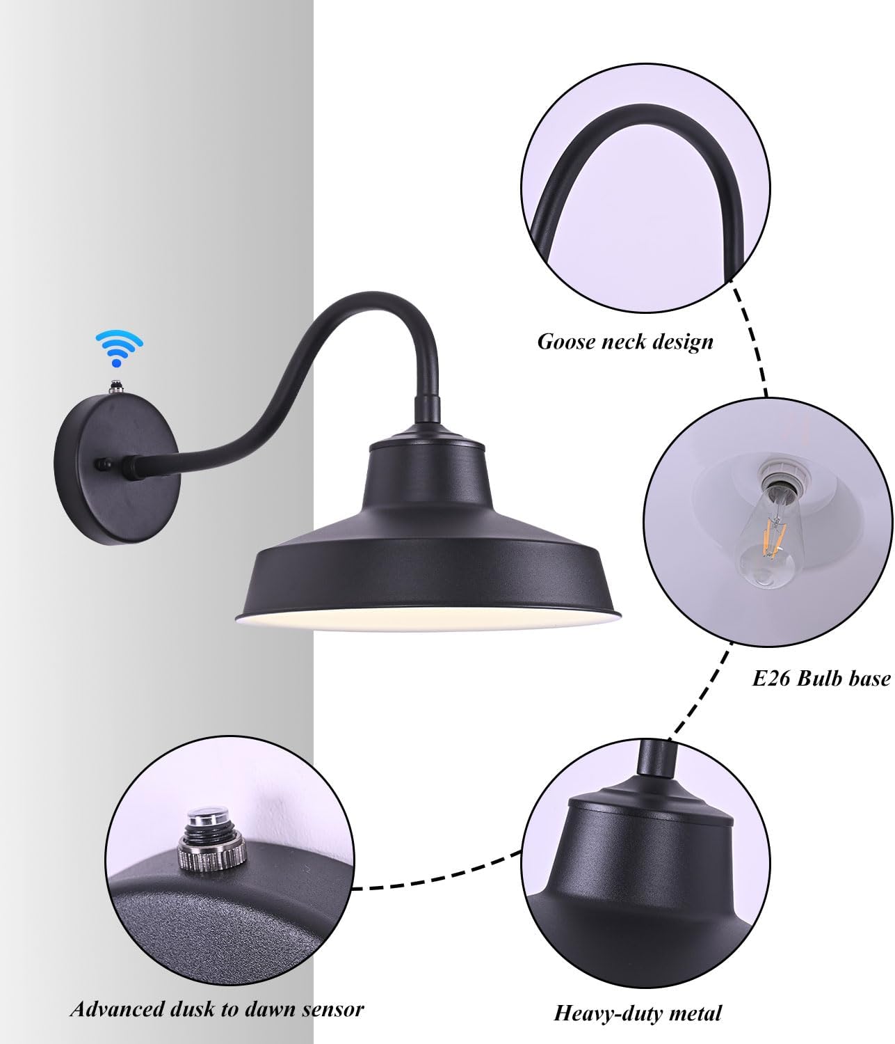 Dusk to Dawn Outdoor Lighting Fixture Gooseneck Barn Wall Light 11", Black Finish White Interior Shade, Photocell Sensor, Lighting for Garage, Workshop, Patio House Porch Garage Yard