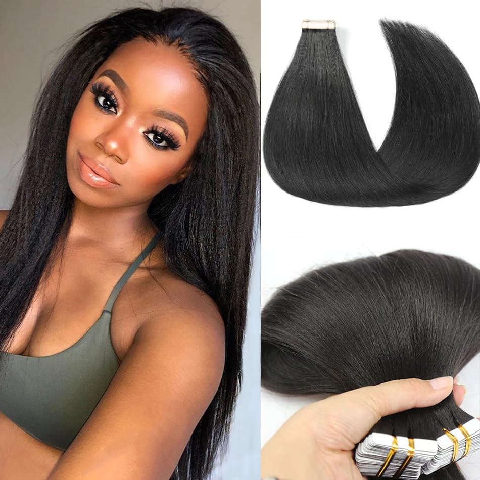 Light Yaki Straight Tape in Hair Extensions Real Human Hair for Black Women Double Sided Skin Weft Afro Yaki Tape in Extensions 20PCS 50G 16" Natural