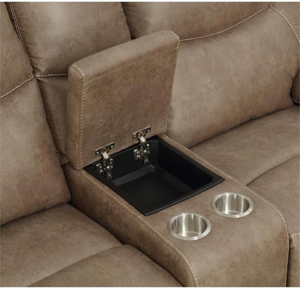 BOWERY HILL Transitional Vinyl Recliner Loveseat, Sandy Beige Upholstery, 79.5" W x 37.4" D x 42" H, Pillowtop Arms, Double Reclining with Console Storage and Cup Holders, Faux Leather, Living Room