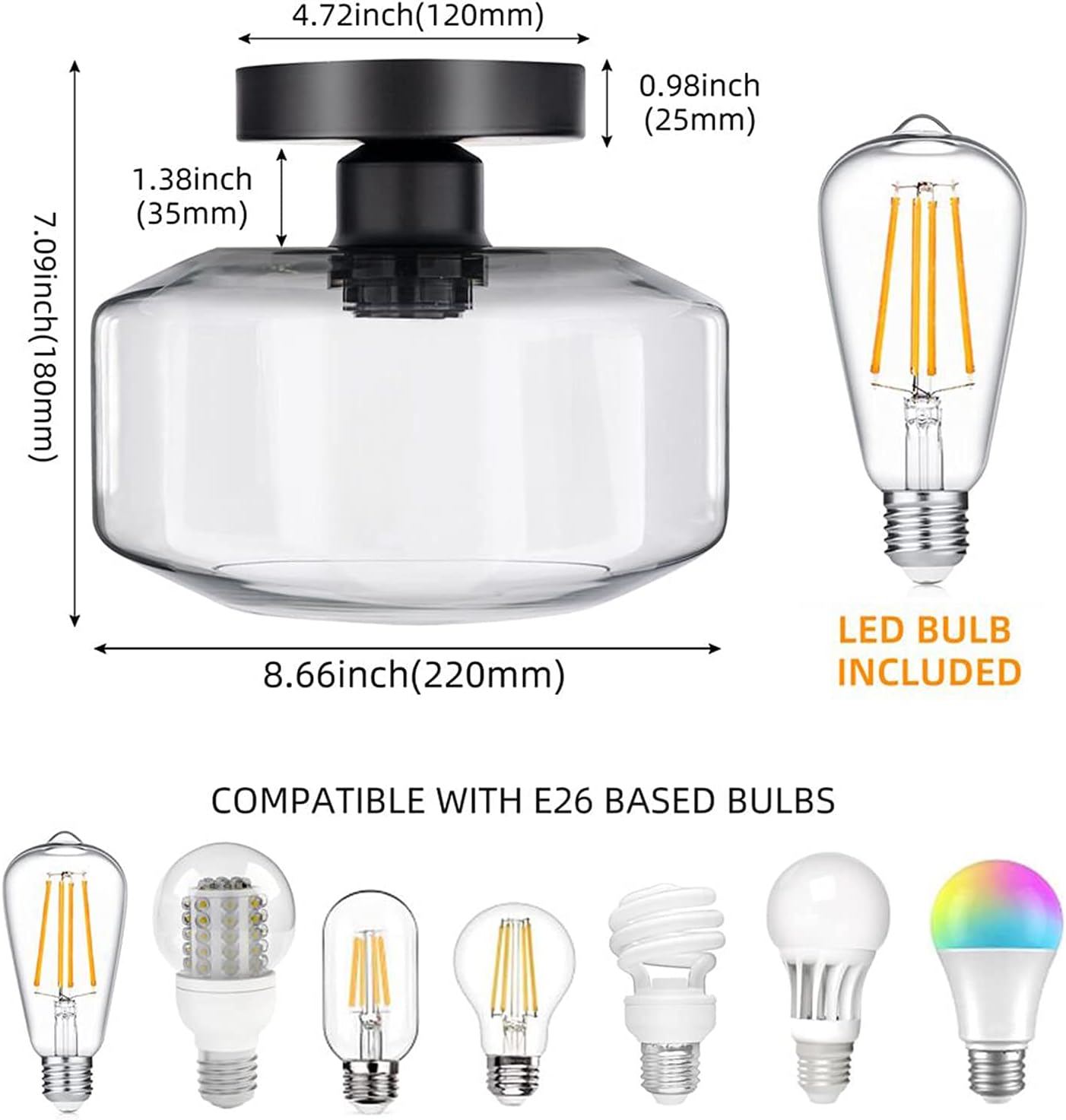 Semi Flush Mount Ceiling Light, 900 Lumen LED Bulb Included, Ceiling Light Fixture, Farmhouse Light Fixture with Clear Glass Lamp Shade for Bedroom Hallway Dining Room Bathroom Corridor Passway