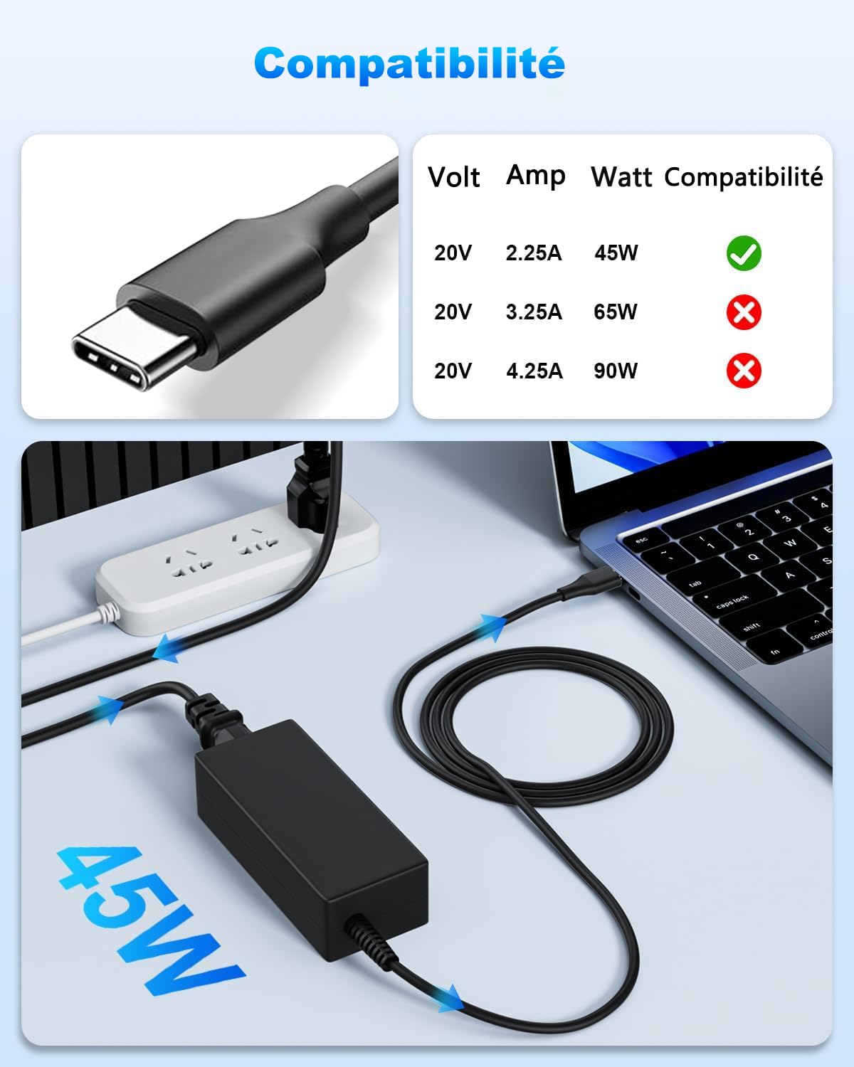 Chargeur Chromebook 45W USB-C Universel pour HP Dell Lenovo Acer ASUS Google