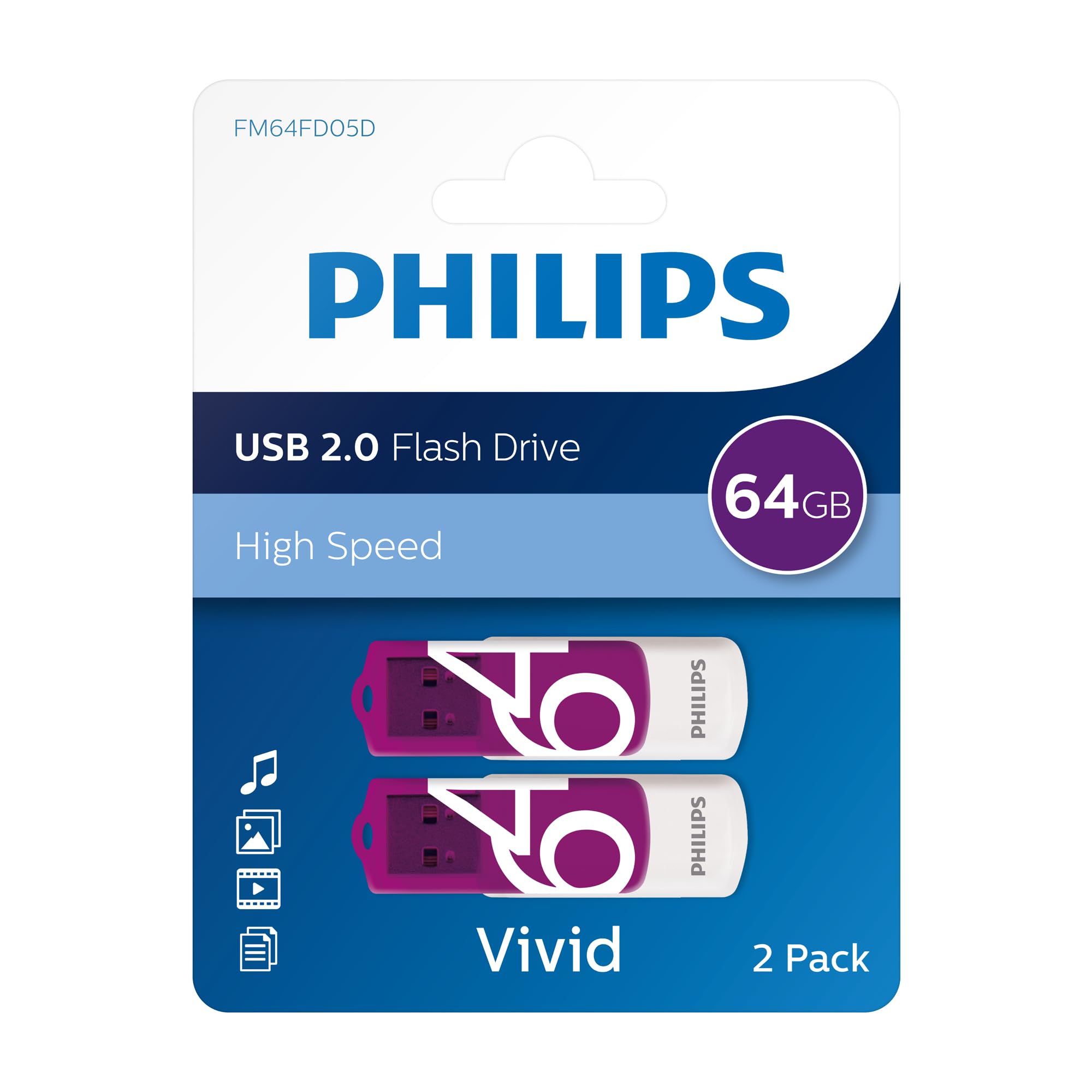 Philips Vivid Edition USB 2.0 da 64 GB, in confezione da 2, di colore viola (etichetta in lingua italiana non garantita)