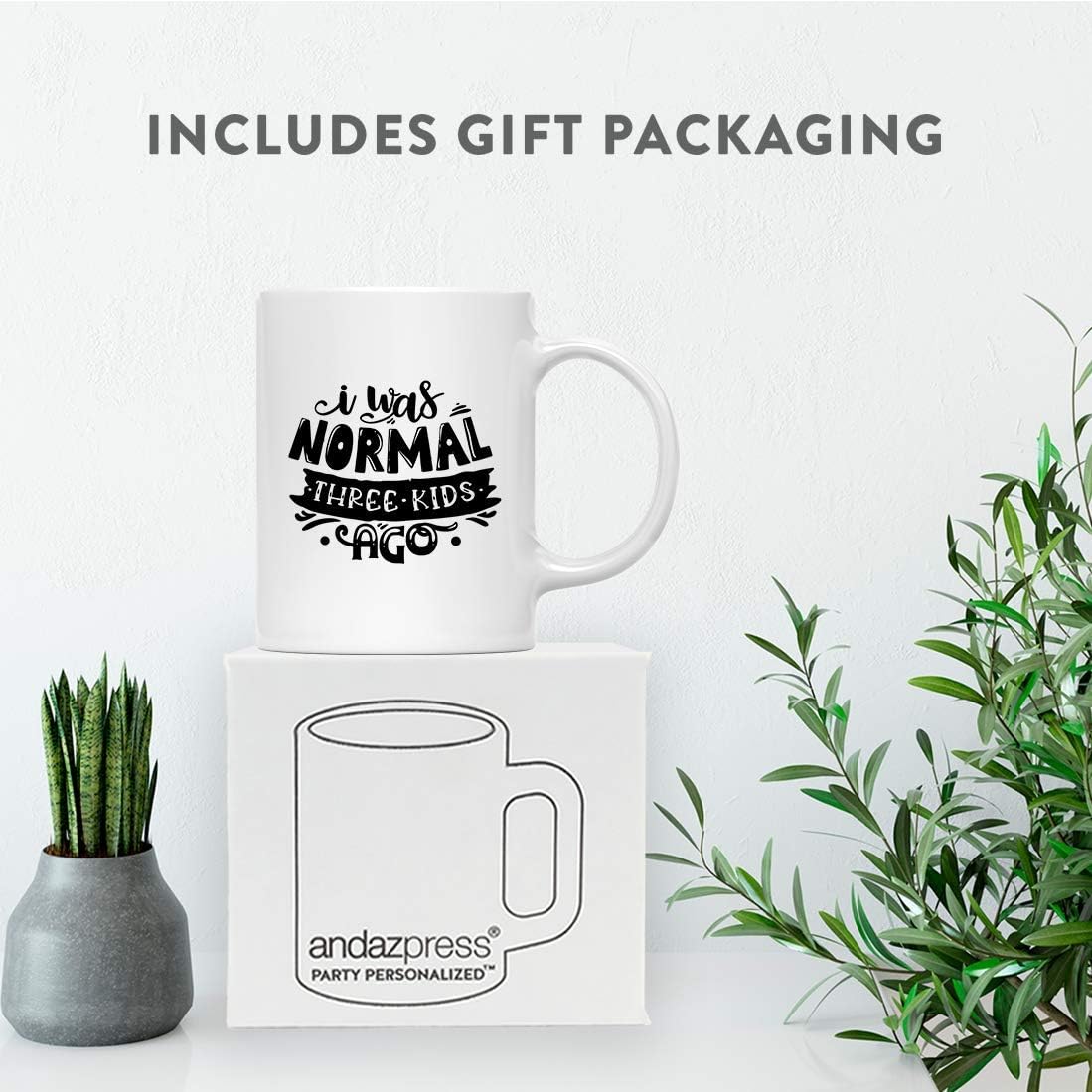 Andaz Press Funny Mother's Day 11oz. Ceramic Coffee Tea Mug Gag Gift, I Was Normal Three Kids Ago, 1-Pack, for Mom Birthday Christmas Gift Ideas, Includes Gift Box