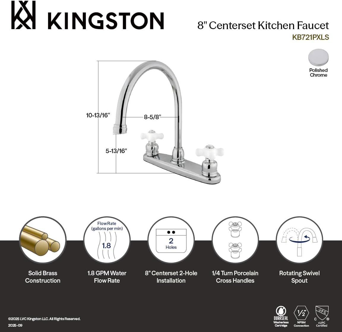 Kingston Brass KB721PXLS Vintage 8-Inch Centerset Kitchen Faucet, Polished Chrome