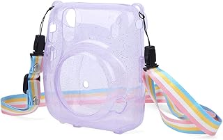 Boquite Capa protetora Romantic PresentCamera para câmera, capa protetora para câmera, alça de ombro compacta destacável câmera instantânea mini11 para (revestimento roxo com purpurina)
