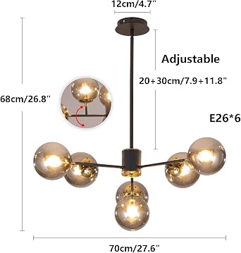 6-Lights Glass Globe Sputnik Chandelier Mid-Century Modern Matte Black and Amber Glass Shade Pendant Lamp for Kitchen Island Dining Room Living Room