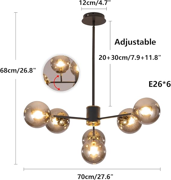 6-Lights Glass Globe Sputnik Chandelier Mid-Century Modern Matte Black and Amber Glass Shade Pendant Lamp for Kitchen Island Dining Room Living Room