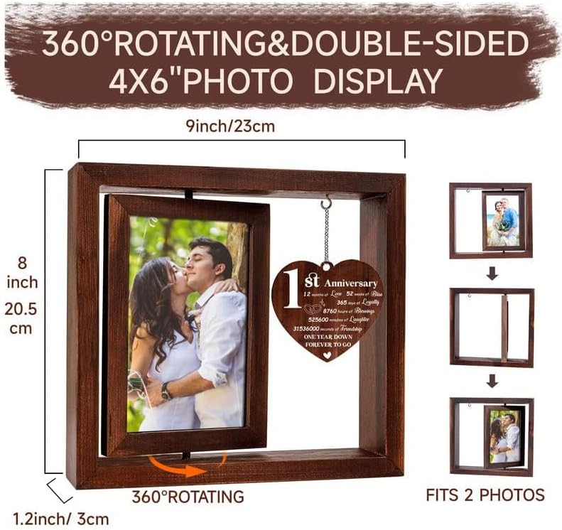 1st Anniversary Wedding Gift for Couple - 4x6 Rotating Picture Frame, Romantic Marriage Present for Wife/Husband, Sturdy Wood Frame - Image 4