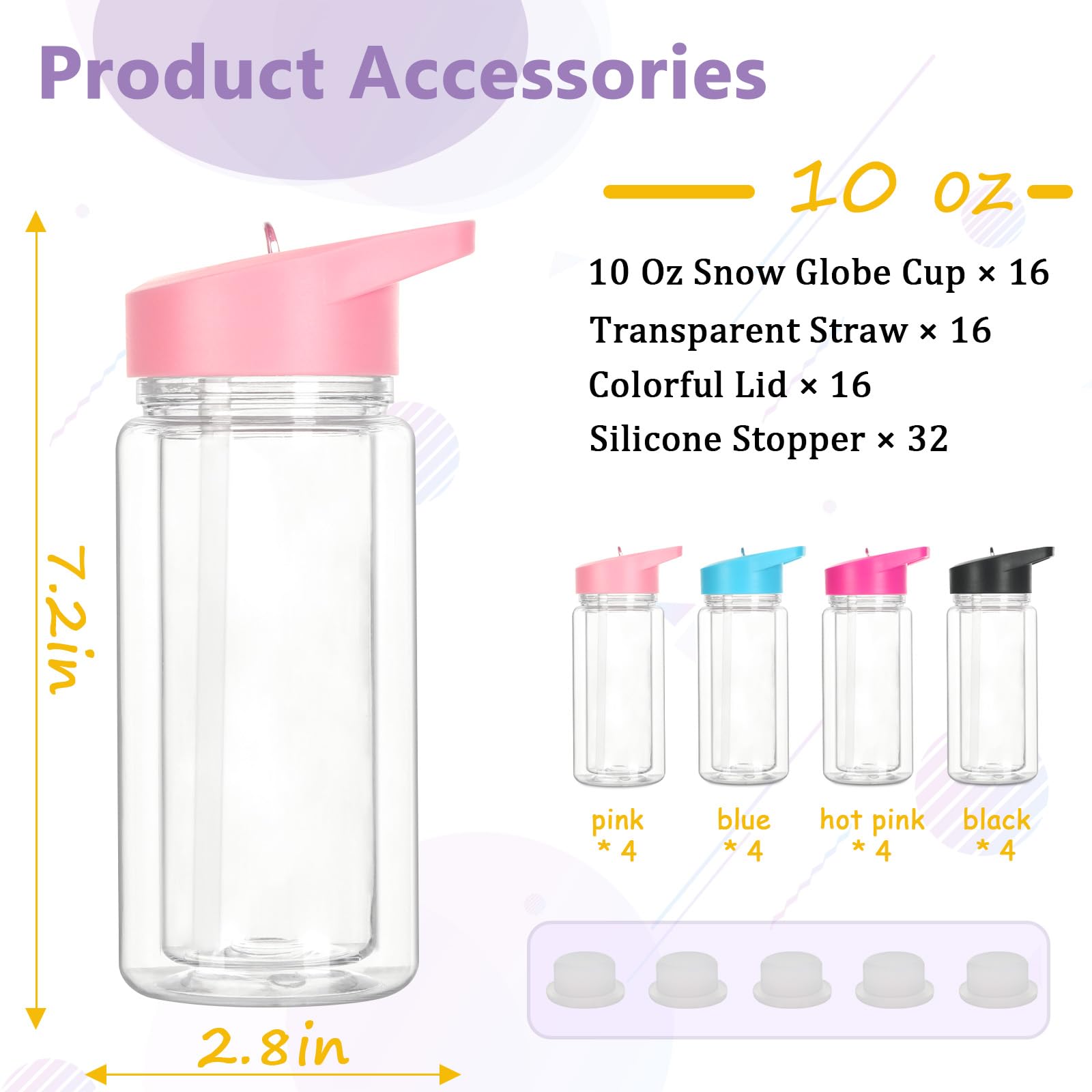 Confezione da 10 bicchieri in plastica da 295 ml, con foro e spina preforati, a prova di perdite, a doppia parete, con manico portatile, per regali fai da te glitterati