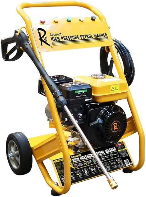 RocwooD Petrol Pressure Washer 3950 PSI 7HP 10 Litre High Power Jet FREE Oil Portable Driveway Garden Car Wash Patio Deck Fence Yellow Accessories Lance Nozzle