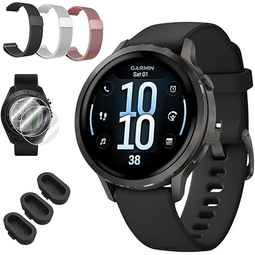 Garmin Venu 4, 41 mm Health & Fitness GPS Smartwatch, Slate with Black Silicone Band 010-03013-02 Bundle with Deco Essentials 3X 18mm Metal Bands, 3X Silicone Dust Cover and 2X Screen Protector