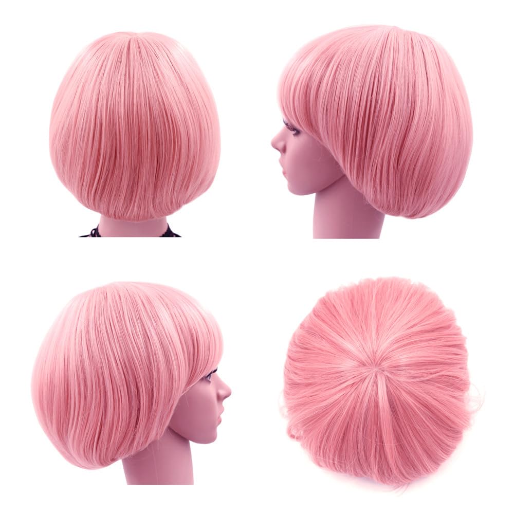 Girls Mushroom Wig Short Bob Wig With Bangs Bowl Cut Wig For Women (Peach Pink)