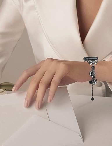 Miniatura 2 de Minyee Compatible con Apple Watch Band de 414038444546491.654 in para mujer, elegante pulsera de acero inoxidable con diamantes de metal y bonito