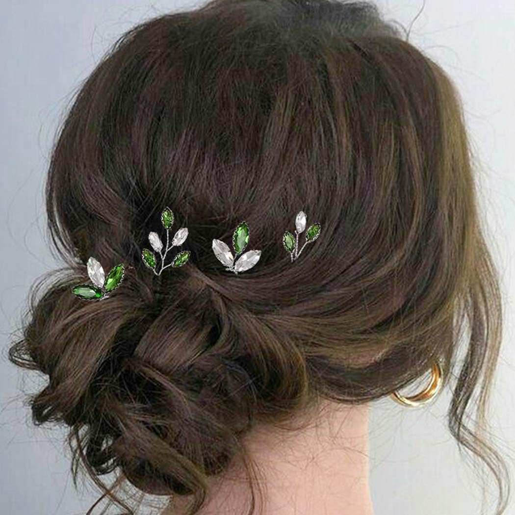 Crystal Bride Wedding Hair Pins Silver Hair Piece Bridal Flower Green White Silk Flower 2 PC Bridal Hairpin Set, Silk Flower  main image 3