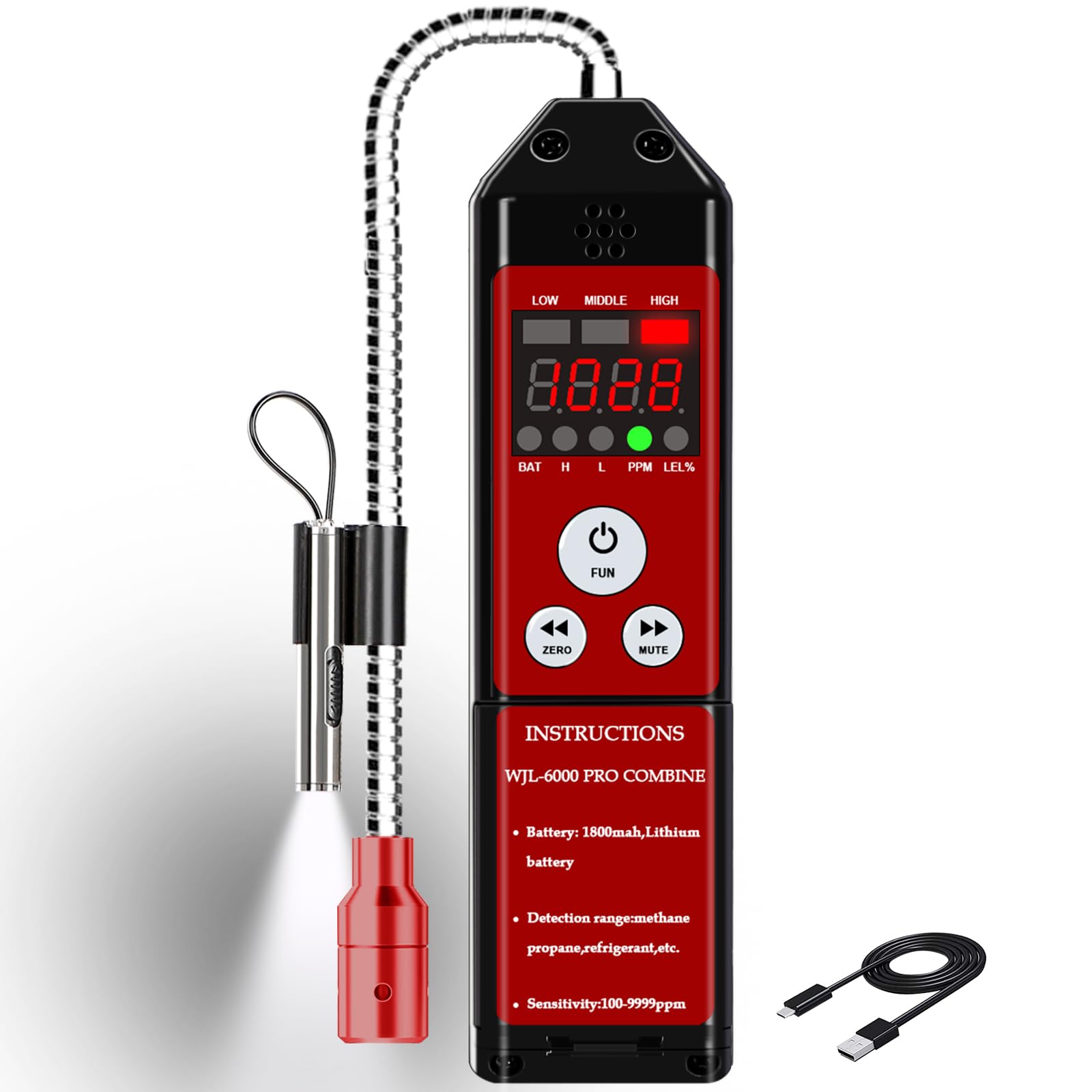 WJL-6000PRO - Detector de gas natural combustible, detector de fugas de gas natural, HVAC con alarma audible y visual, comprobación de fugas combustibles como propano, metano, butano para el hogar