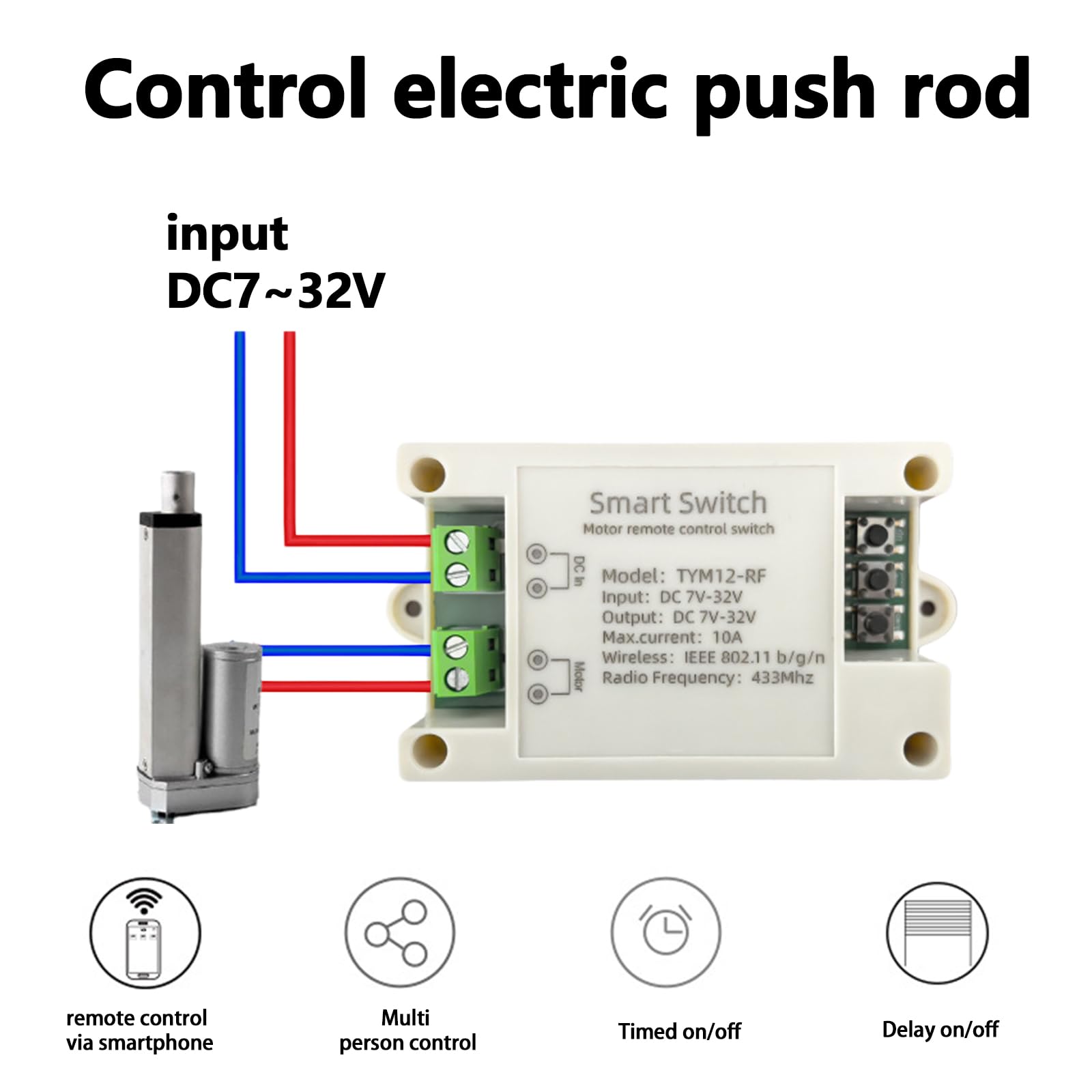 Tuya Contrôleur intelligent WiFi pour moteur CC 12 V/24 V linéaire Interrupteur à distance, relais avant et arrière, application Smart- Life APP, minuterie, compatible avec Alexa et Google Home
