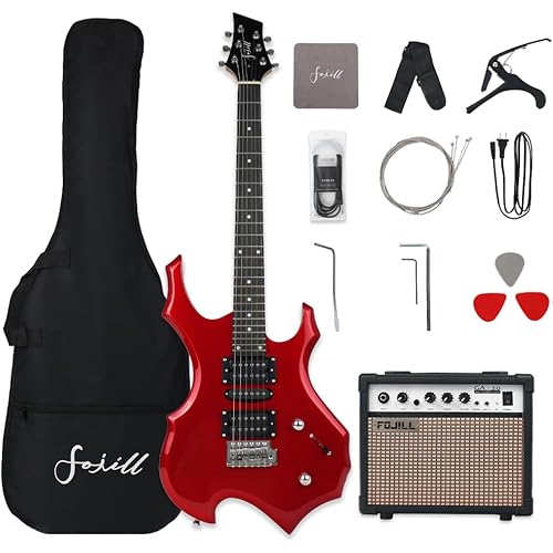 Fojill Heavy Metal Cool Shape Electric Guitar Kit Set Beginner Starter Combo Package Bundle 20W Amplifier Amp Accessory Padded gig Bag,Picks, Cable,Strap,Extra Strings