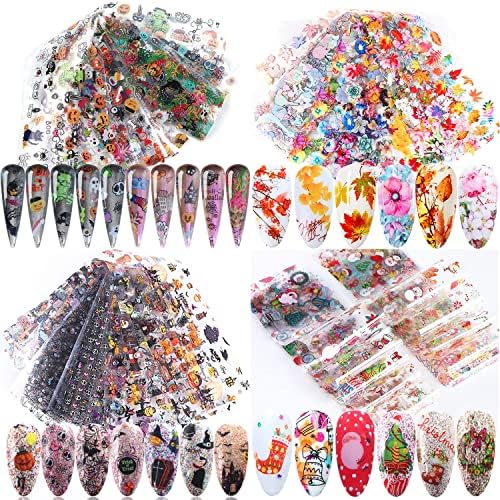 40 Sheets Nail Foil Transfer Sticker Decals with Halloween Christmas Thanksgiving Design Nail Foils Nail Art Supplies Maple Leaf Pumpkin Bat Snowflake Snowman Nail Art Foil Decals Acrylic Nails Supply