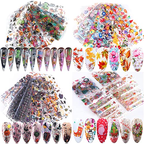 40 Sheets Nail Foil Transfer Sticker Decals With Halloween Christmas Thanksgiving Design Nail Foils Nail Art Supplies Maple Leaf Pumpkin Bat Snowflake Snowman Nail Art Foil Decals Acrylic Nails Supply #TOP22