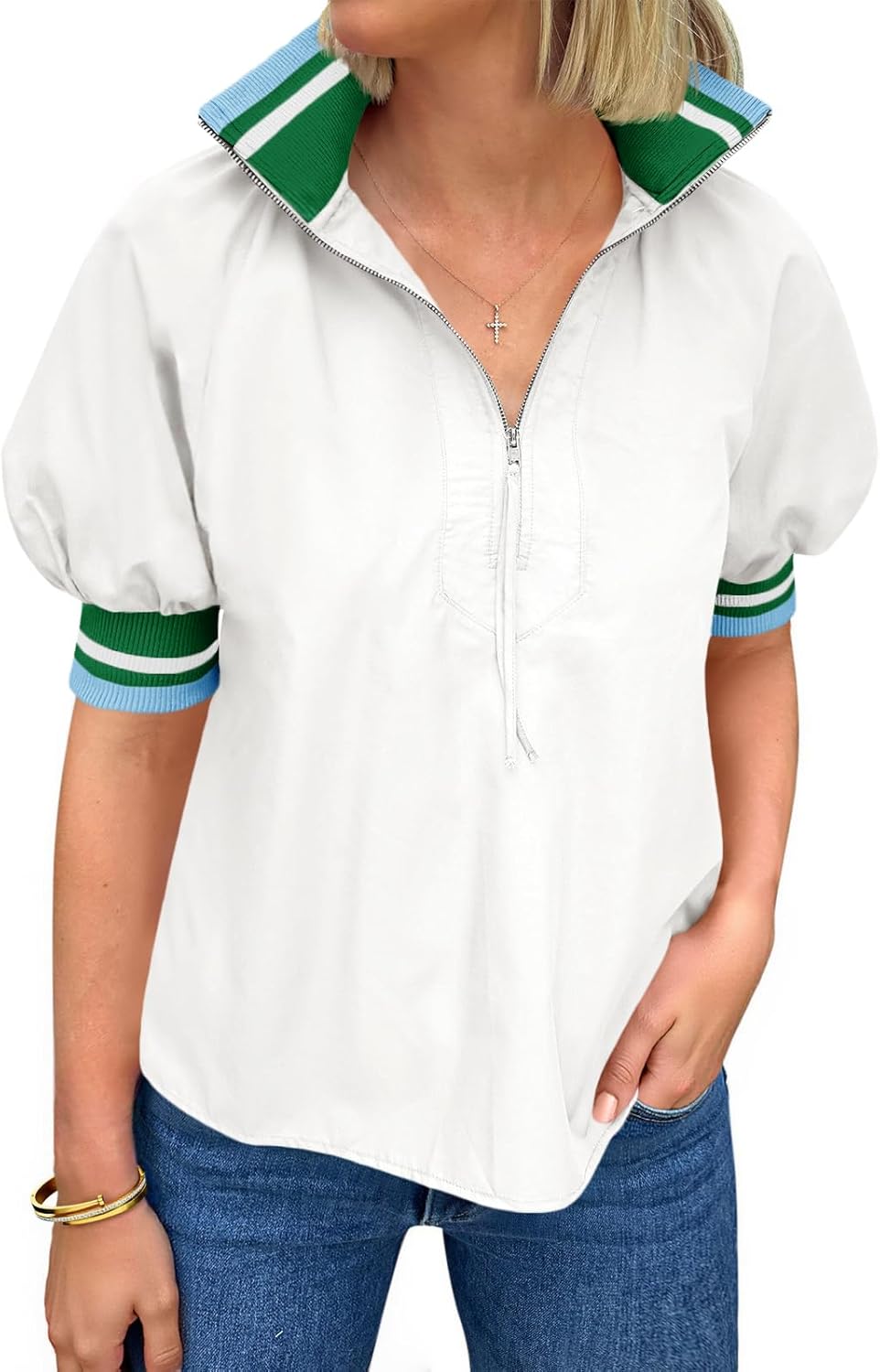 Tankaneo Womens Puff Sleeve Tops Blouse Color Block Half Zip V Neck Pullover Trendy Summer Casual Loose Fit Shirts