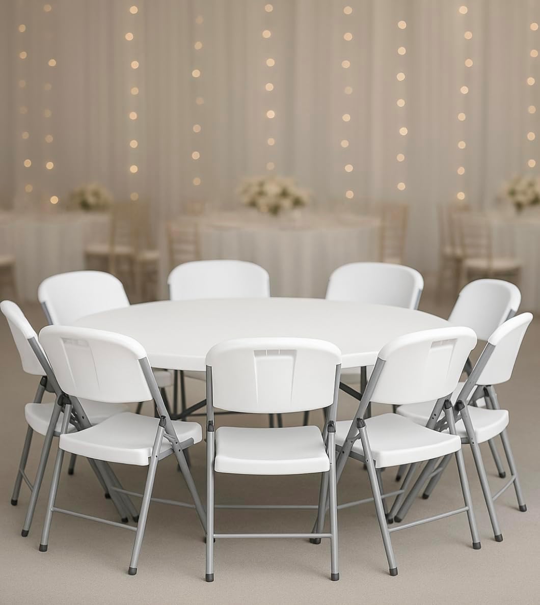 Round Granite White Folding Table Set with 4 Folding Chairs, Heavy-Duty Blow Molded Plastic, Multiple Sizes (72" Table + 8 Chairs Set)