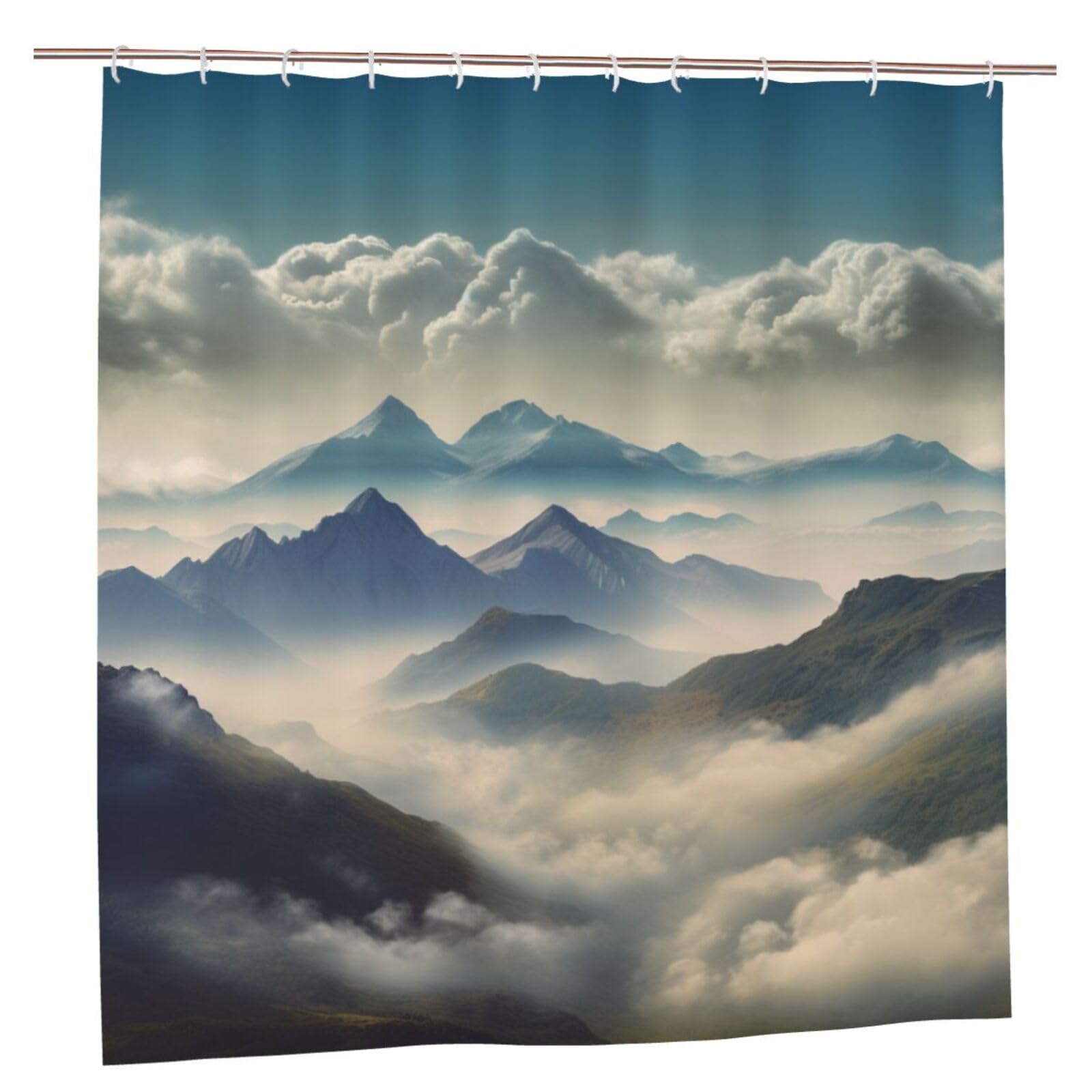 BWWHCCTI Landscape with Mountains and Clouds Printed Shower Curtain With 12 Plastic Hooks Opaque Quick Drying Waterproof Shower Curtains Sets For Bathroom 183x183 CM