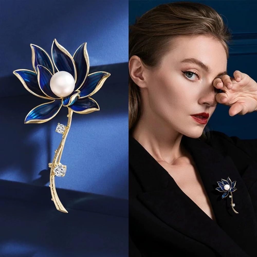 Broche De Loto Azul Perla Broche De Flor De Lujo Broches Y Alfileres Elegantes, Joyería De Ropa For Mujeres Damas,Azul