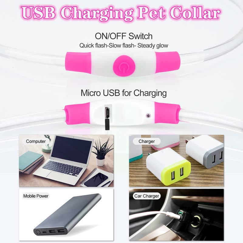 Sofore Collare Luminoso per Cani,Luz de Collare Luminoso Per LED Para la Oscuridad,USB Recargable 3 Modos de Flash Collare Luminoso per Cani Ricaricabile Tamaño Ajustable,Adecuado para Perros,Rosa