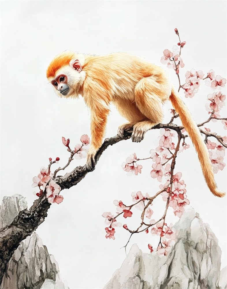 Henypt Stamped Cross Stitch Kits -Monkey Standing On A Plum Blossom Branch Colorful Printed Easy Pattern Needlepoint Kits Embroidery Crafts for Adults Beginners Gift