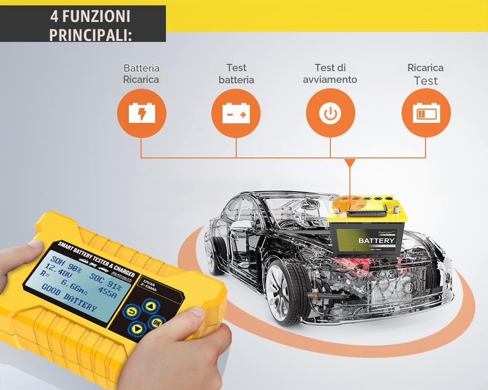 Tester di batteria intelligente per auto e caricabatterie per auto, analizzatore di tester di batteria automobilistica, CCA2400 di banca di alimentazione per auto per veicoli 12V