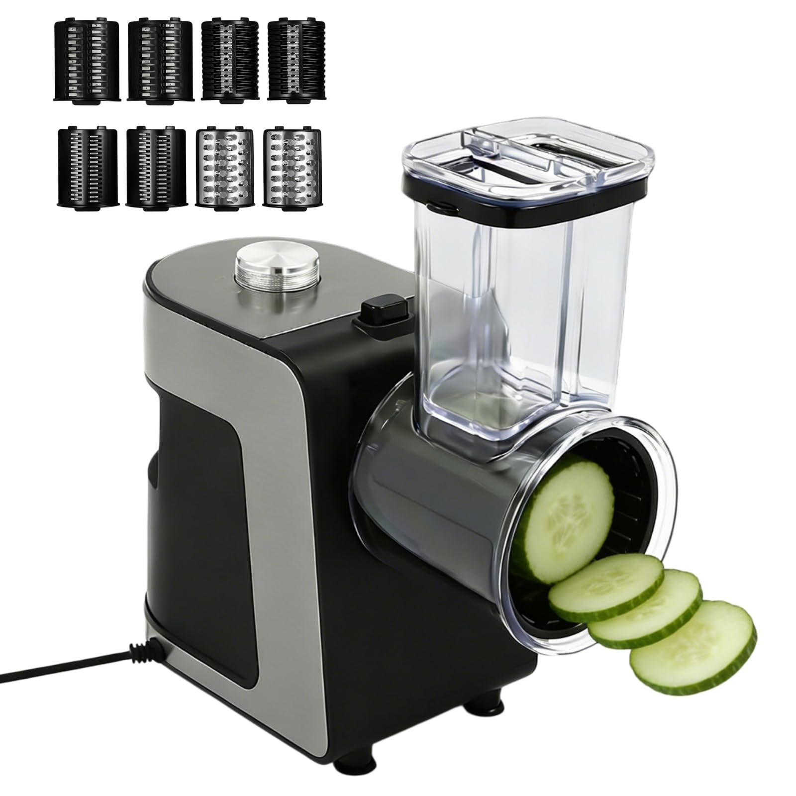 Rallador eléctrico de verduras de 1000 W, para verduras, con 10 cuchillas intercambiables, cortador en espiral, rallador de queso