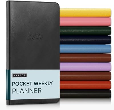 Harbor Pocket Weekly Monthly Planner 2025-2026, Calendar Planner and Notebook, Durable Faux Leather, 192 Pages, Softcover & Book Bound - Cambridge Black - 6 x 3.25 "