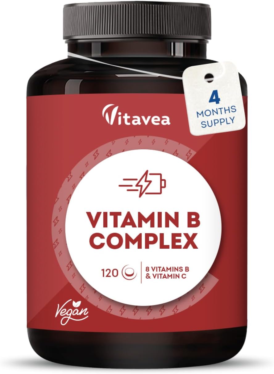 Vitamin B Complex with Vitamin C High Strength – All 8 B Vitamins (B1, B2, B3, B5, B6, B7, B9, B12) – 1 Tablet a Day – 120 Tablets – Energy & Nervous System Support – Vitavea