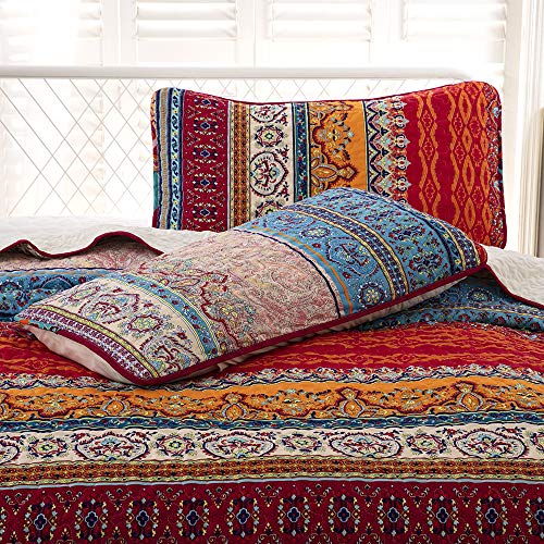 Bohemian Quilt Set King, Boho Striped Pattern Printed Bedding Quilt Coverlet Set, Lightweight Microfiber Bedspread Set for All Seasons (3 Pieces, Colorful) - Thumbnail 5