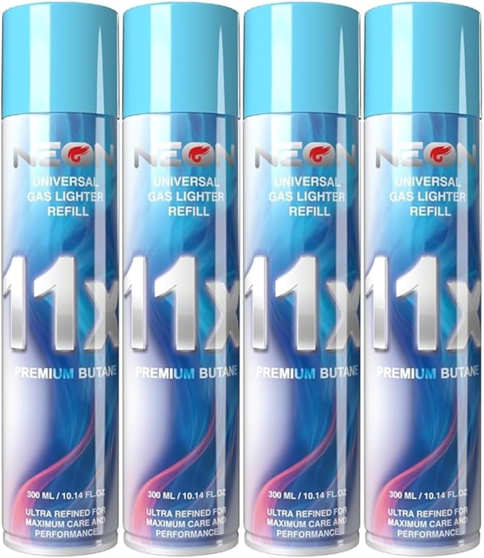 NEON Butane Lighter Refill 11X Ultra Refined Fuel Bundle, 300ml Premium Gas for Refillable Lighters and Torches, Universal Butane Fuel for Lighters Culinary Use and Stove Refilling – Pack of 4
