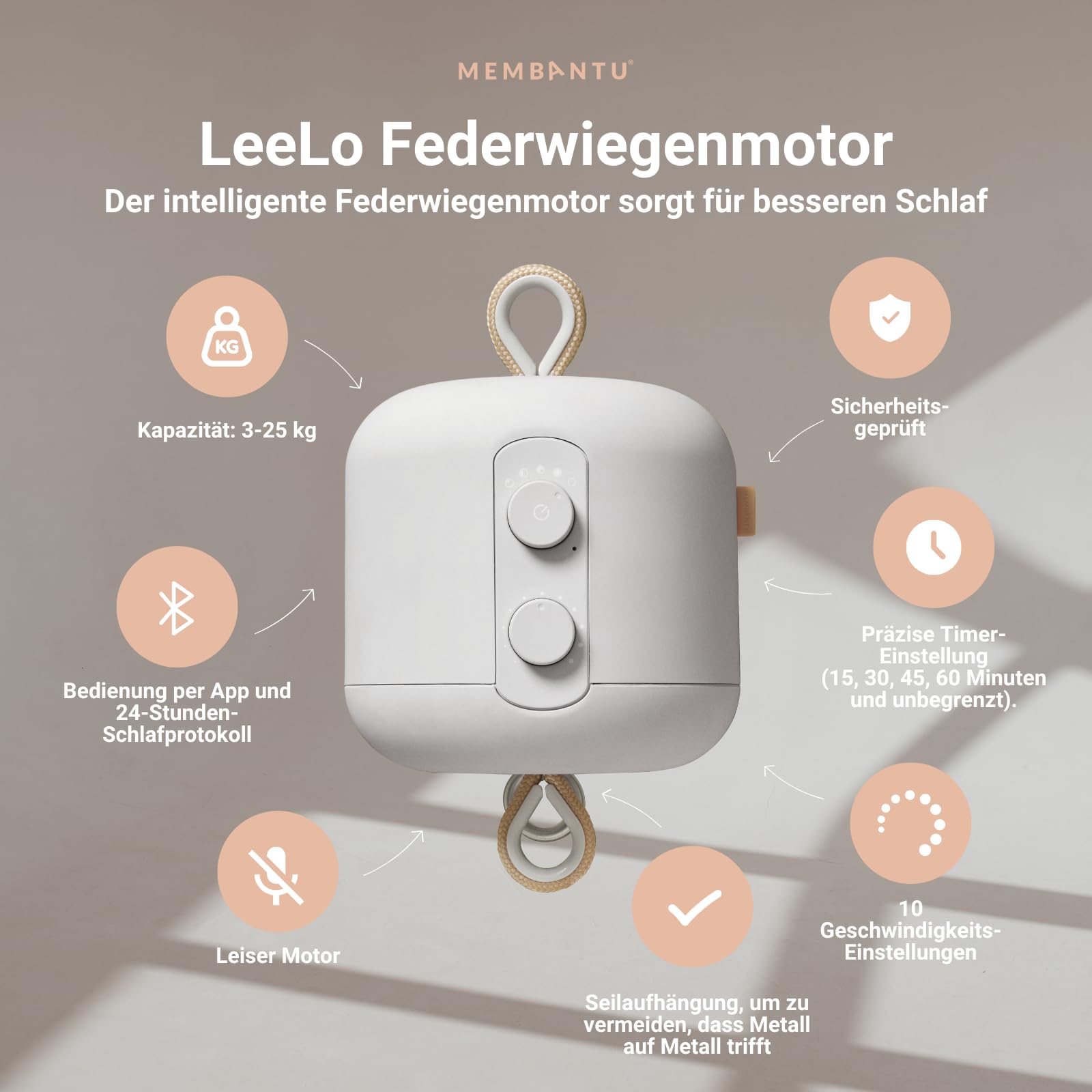 Federwiegenmotor LeeLo02, App-gesteuerter Babywiegen Motor, Extra Leise, 10 Geschwindigkeiten, Timer und Schlafprogramme, über 10.000 Std. Lebensdauer (grau)