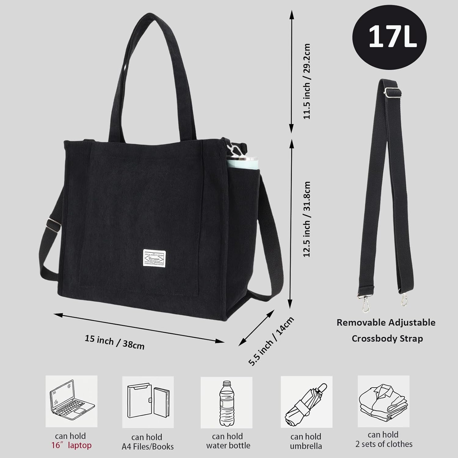 UERRUAM Tote Bag for Women with Compartments,Large Corduroy Tote for Work Travel College Book Bag Hard Bottom Crossbody Bag - Image 6