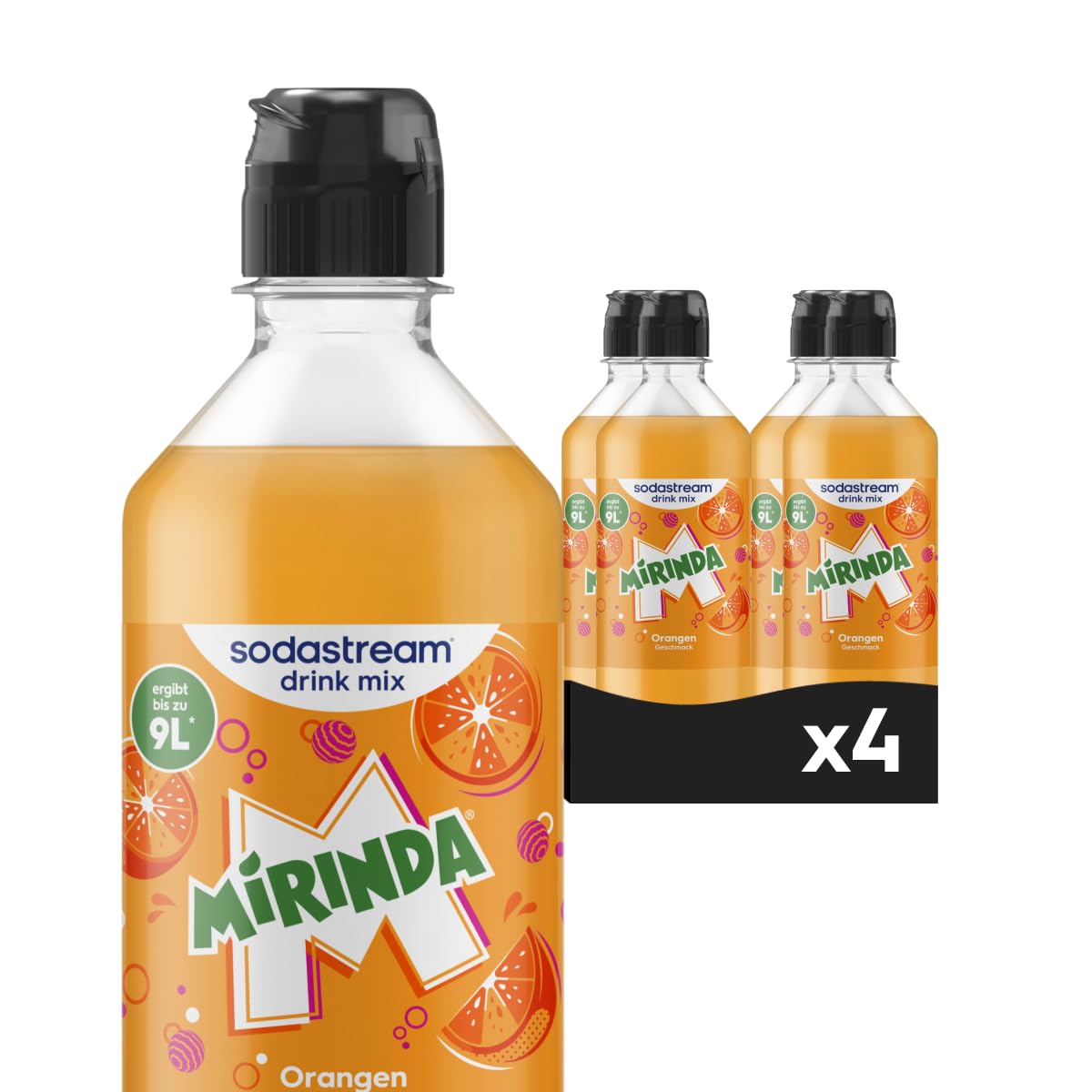 Sodastream drink mix Mirinda – Sirup für gesprudeltes & stilles Wasser, 4er Pack (4 x 440 ml), ergibt bis zu 9L Fertiggetränk